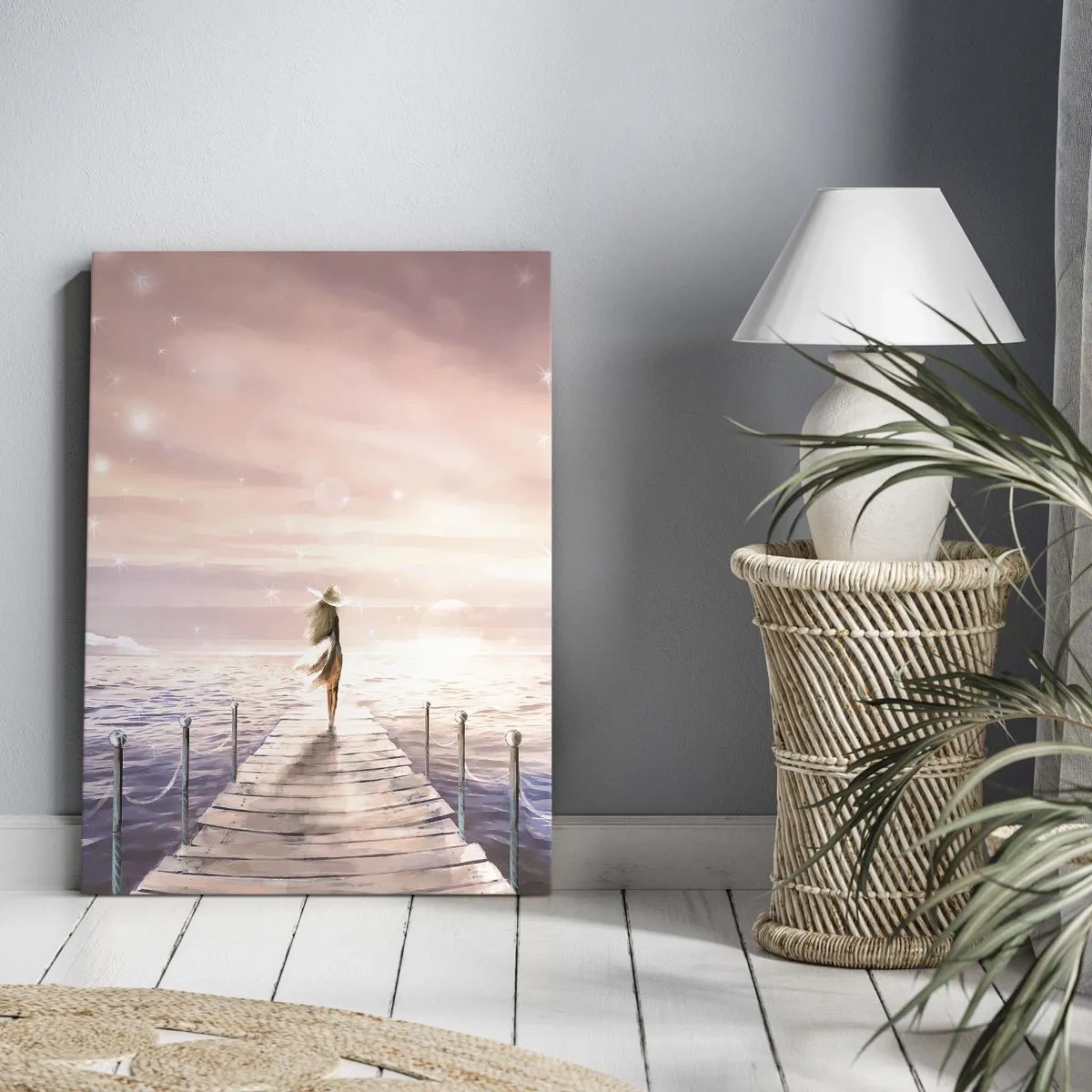 Quadro su tela - Stampe su Tela - Una donna su un molo in una magica cornice al tramonto - 50x70cm - Alla luce del sogno - Decorazione murale moderna per soggiorno e camera da letto ARTTOR