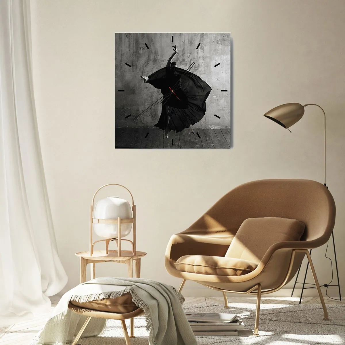 Orologio da parete - Orologio in Vetro - Silhouette in bianco e nero di una ballerina in movimento su uno sfondo di muro - 30x30cm - Fasce piene di passione - Decorazione murale moderna per soggiorno e camera da letto ARTTOR