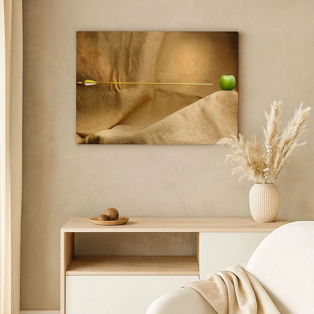 Quadro su tela - Stampe su Tela - Mela verde su tessuto con una freccia che crea una composizione - 70x50cm - Evocare lo spirito di Guglielmo Tell - Decorazione murale moderna per soggiorno e camera da letto ARTTOR