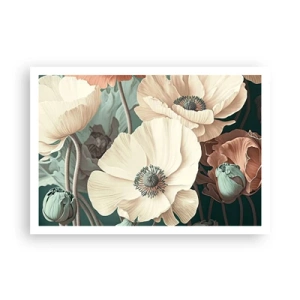 Poster - Eleganti fiori in tonalità pastello su sfondo verde - 100x70cm - Il sussurro dei papaveri - Decorazione murale moderna per soggiorno e camera da letto ARTTOR