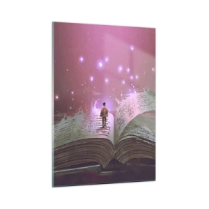 Quadro su vetro - Un libro aperto da cui fluttuano luci e stelle magiche - 50x70cm - Invito ad un altro mondo: leggi! - Decorazione murale moderna per soggiorno e camera da letto ARTTOR