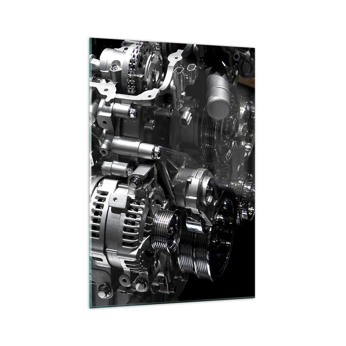 Quadro su vetro - Primo piano delle parti metalliche del motore su uno sfondo nero - 70x100cm - D'acciaio, bello, forte - Decorazione murale moderna per soggiorno e camera da letto ARTTOR