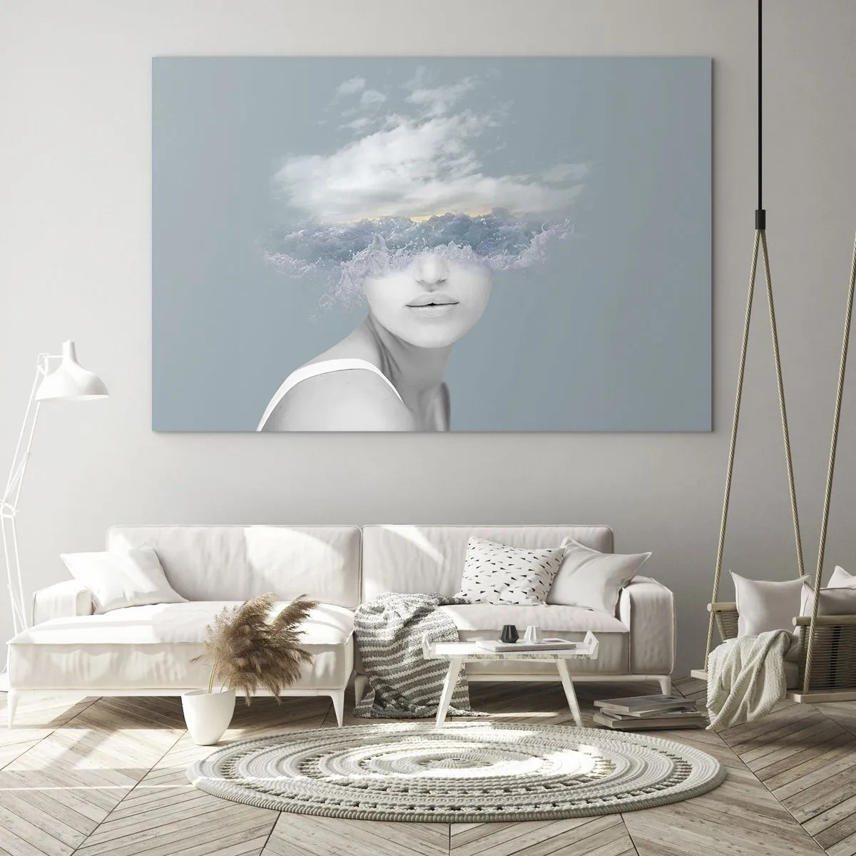 Quadro su vetro - Il volto di una donna si fonde con il cielo e le nuvole in una visione surreale. - 120x80cm - Con la testa tra le nuvole - Decorazione murale moderna per soggiorno e camera da letto ARTTOR