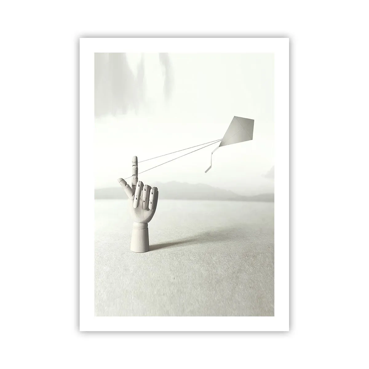 Poster - Una mano di legno con un aquilone su uno sfondo luminoso - 50x70cm - Prova di forza - Decorazione murale moderna per soggiorno e camera da letto ARTTOR