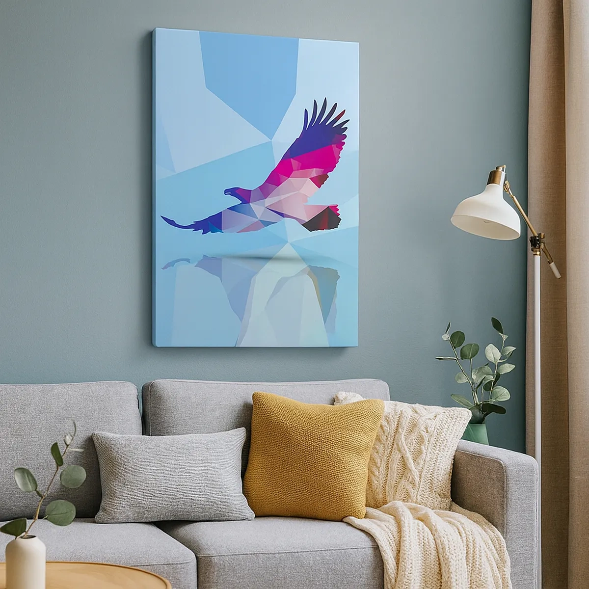 Quadro su tela - Stampe su Tela - Silhouette geometrica di un'aquila in volo su sfondo blu - 50x70cm - L'aquila nel cristallo lilla - Decorazione murale moderna per soggiorno e camera da letto ARTTOR