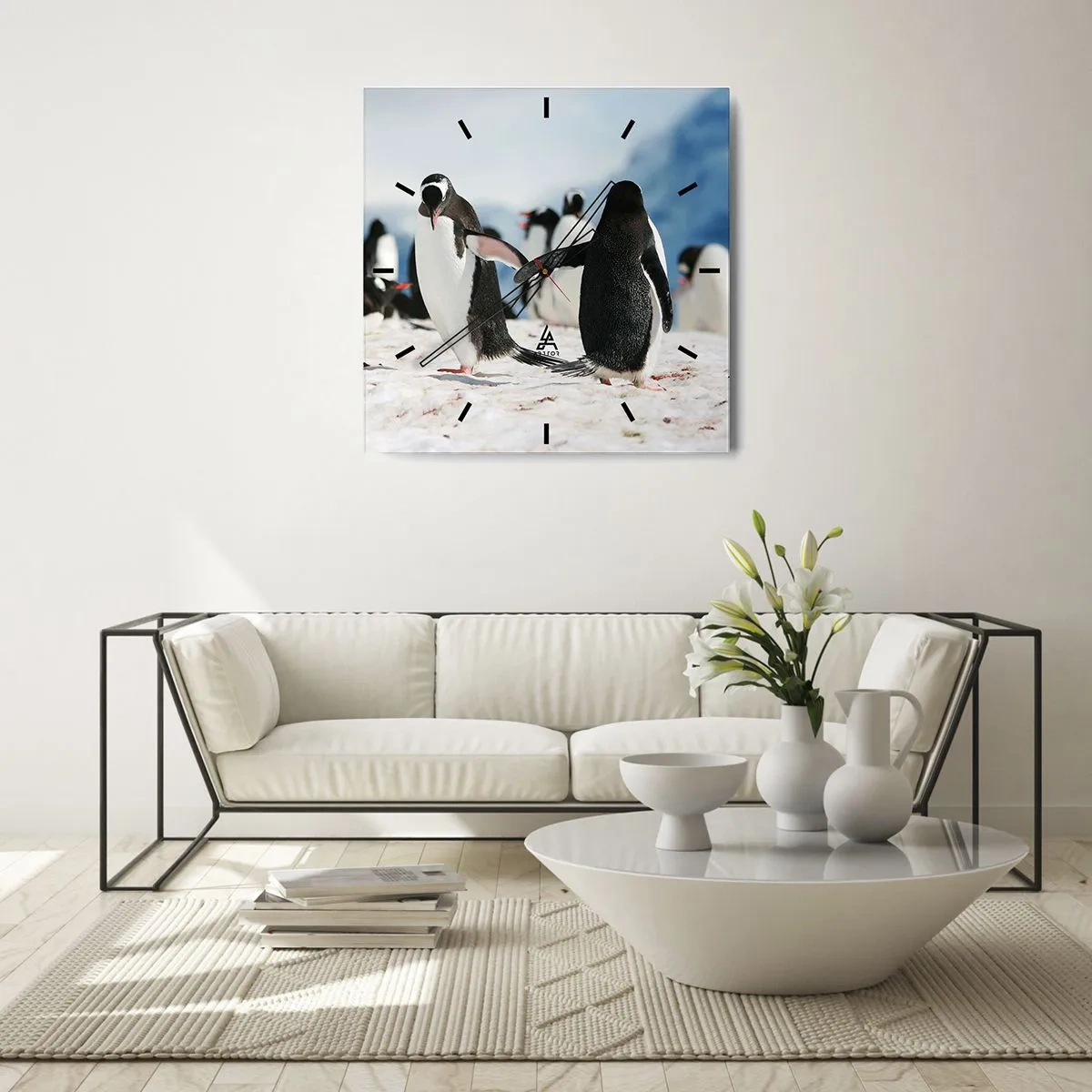 Orologio da parete - Orologio in Vetro - Un gruppo di pinguini nella neve in un paesaggio antartico - 30x30cm - Danza sulla neve - Decorazione murale moderna per soggiorno e camera da letto ARTTOR