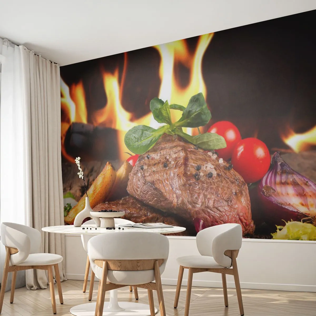 Fotomurali Premium Canvas - Incantate dal fuoco - Gastronomia, bistecca, Fiamme di fuoco - 300x210 cm