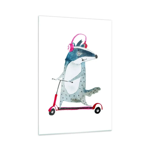 Quadro su vetro - Tasso su uno scooter con cuffie rosa - 70x100cm - Tassi di gioia - Decorazione murale moderna per soggiorno e camera da letto ARTTOR