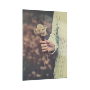 Quadro su vetro - Una mano che tiene un mazzo di denti di leone contro un campo sfocato - 50x70cm - Fermali per favore - Decorazione murale moderna per soggiorno e camera da letto ARTTOR