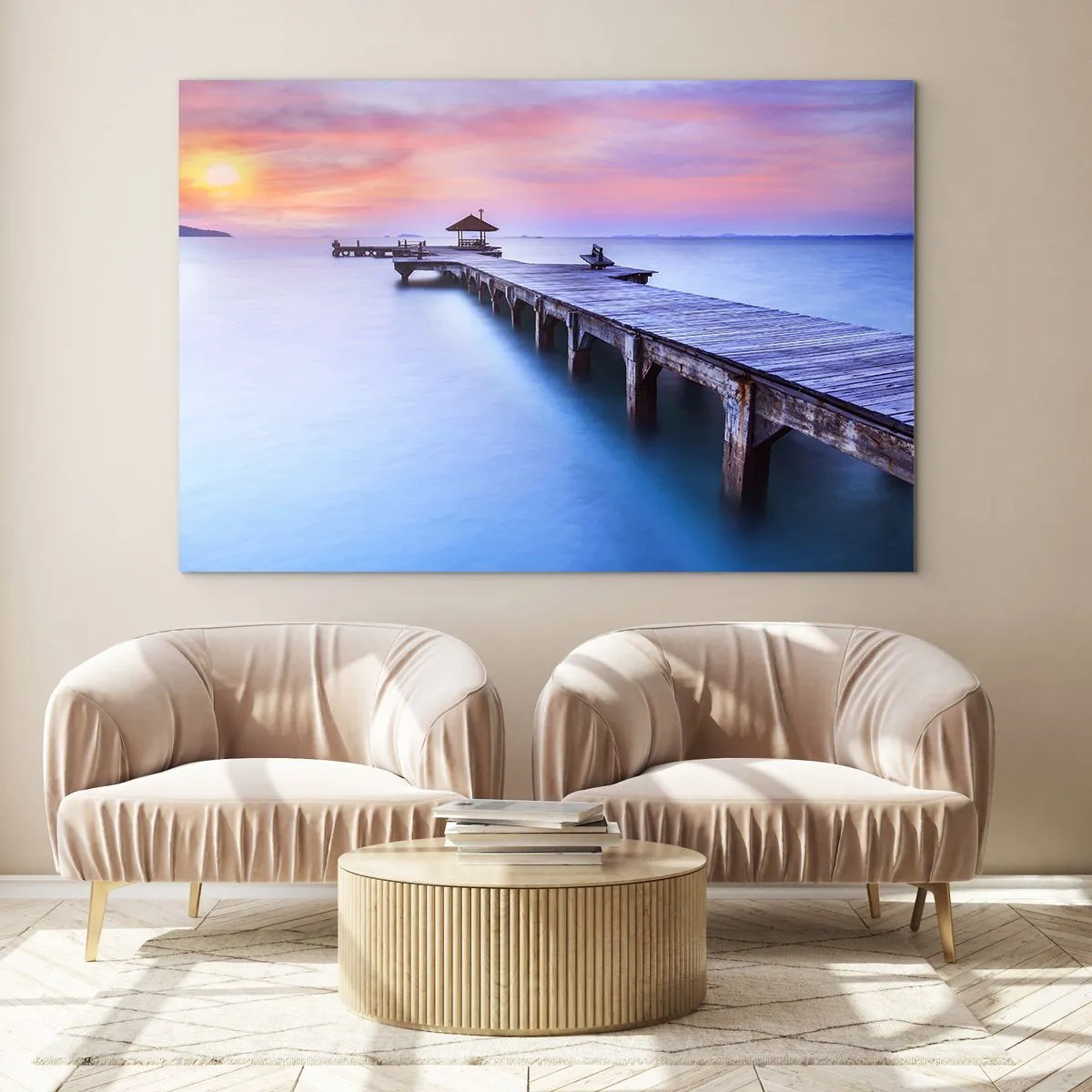 Quadro su vetro - Molo di legno all'alba su acque calme - 120x80cm - Un mare di pace fino all'orizzonte - Decorazione murale moderna per soggiorno e camera da letto ARTTOR