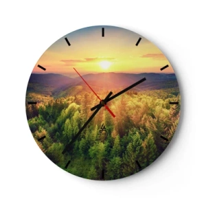 Orologio da parete - Orologio in Vetro - Paesaggio montano con il sole al tramonto e le foreste - 30x30cm - Vette e cime - Decorazione murale moderna per soggiorno, cucina e camera da letto ARTTOR