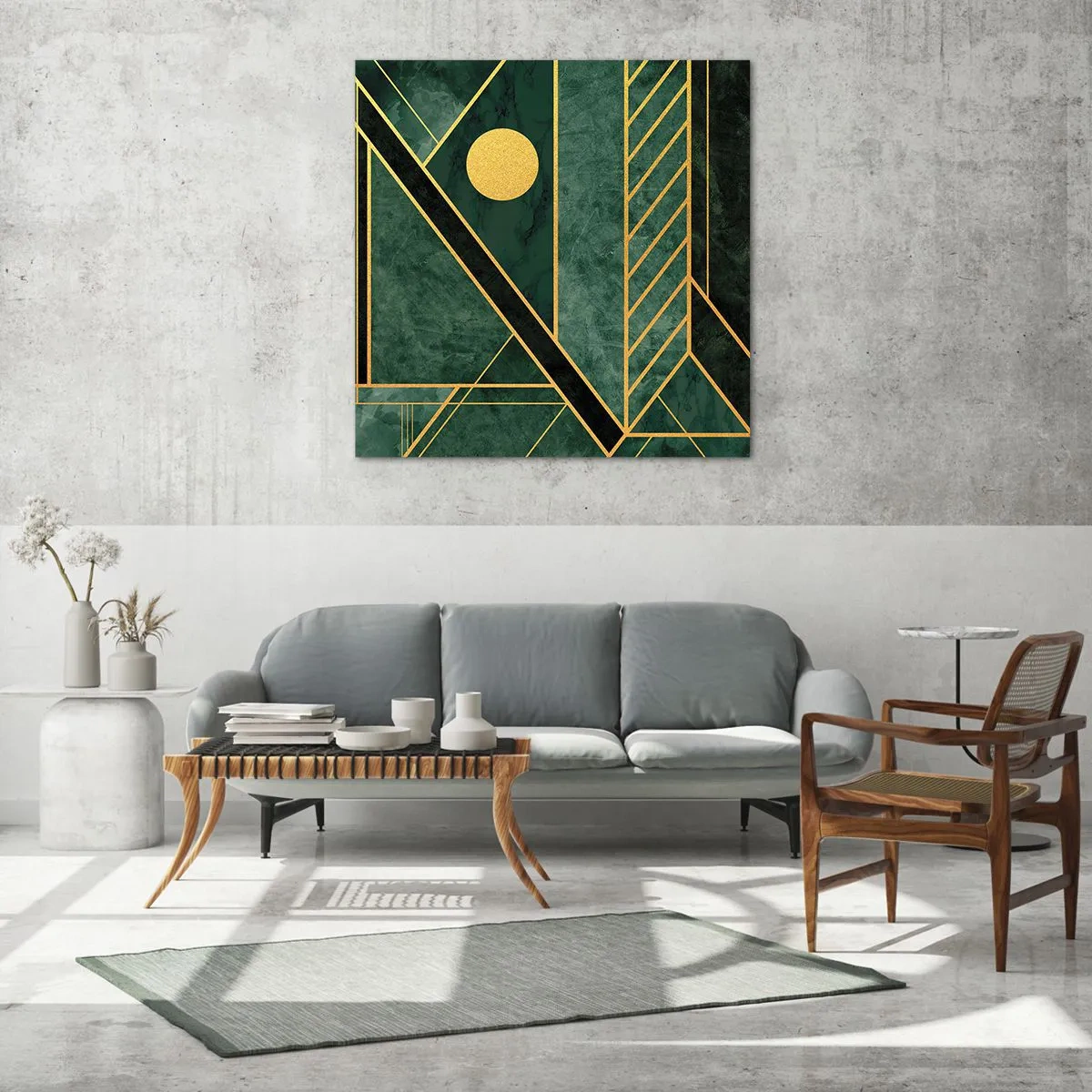 Quadro su vetro - Dinamica di oro e azzurro - 70x70 cm