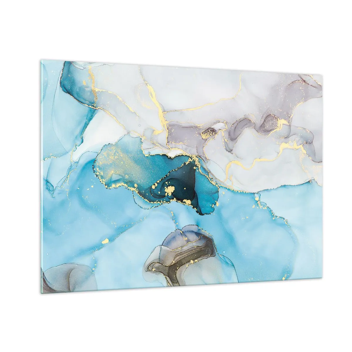 Quadro su vetro - Onde turchesi e grigie con accenti dorati - 100x70cm - Studio di incontro tra grigio e turchese - Decorazione murale moderna per soggiorno e camera da letto ARTTOR