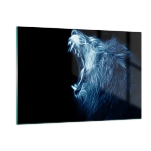 Quadro su vetro - Una suggestiva rappresentazione al neon di un leone ruggente su sfondo nero. - 120x80cm - La rabbia infuocata del re - Decorazione murale moderna per soggiorno e camera da letto ARTTOR