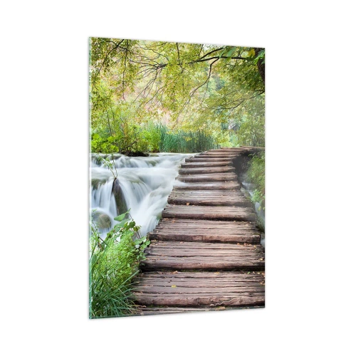 Quadro su vetro - Un ponte nella foresta sopra un ruscello - 50x70cm - Acqua per niente tranquilla - Decorazione murale moderna per soggiorno e camera da letto ARTTOR