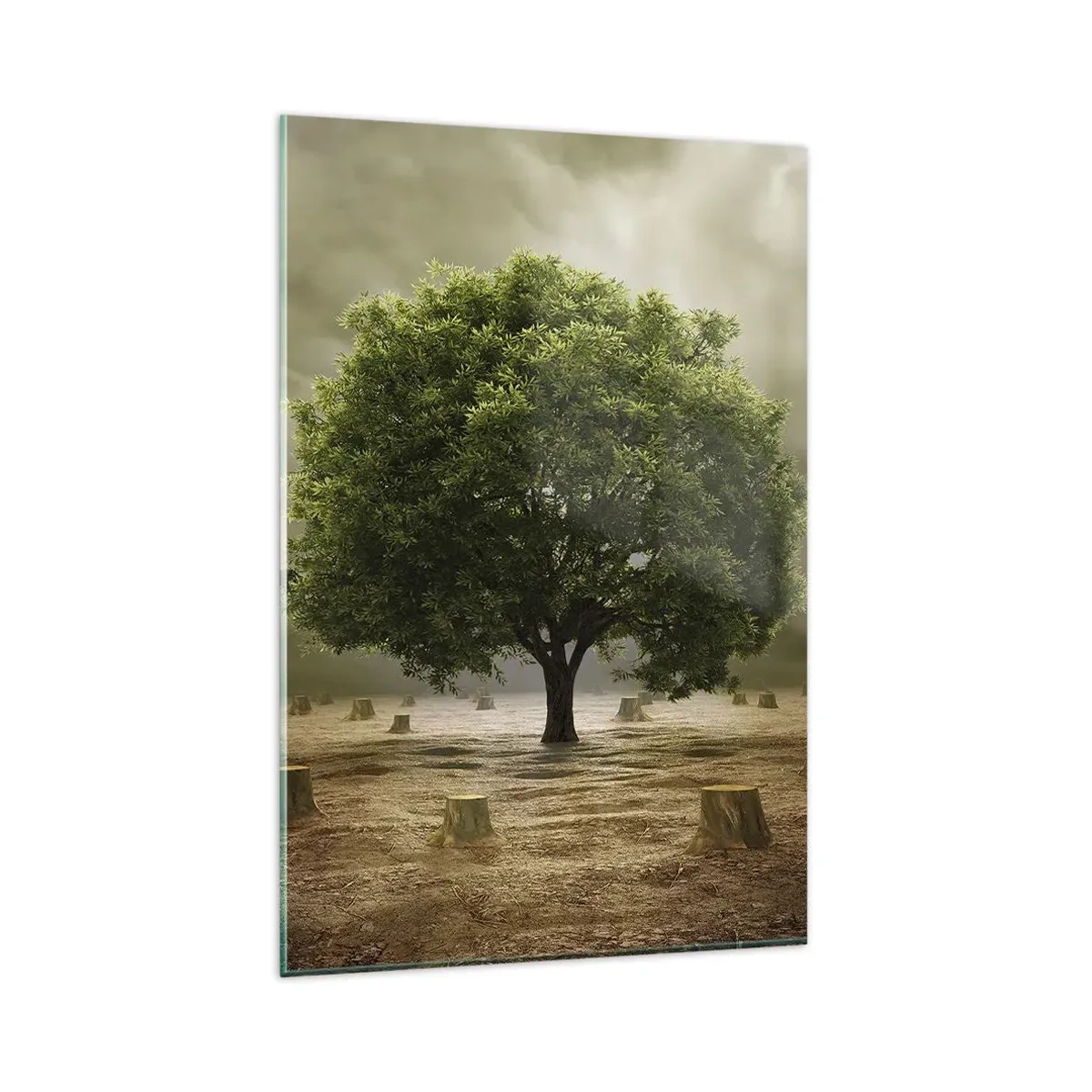 Quadro su vetro - Un albero verde circondato da tronchi d'albero abbattuti contro un cielo nuvoloso - 80x120cm - Ogni speranza - Decorazione murale moderna per soggiorno e camera da letto ARTTOR