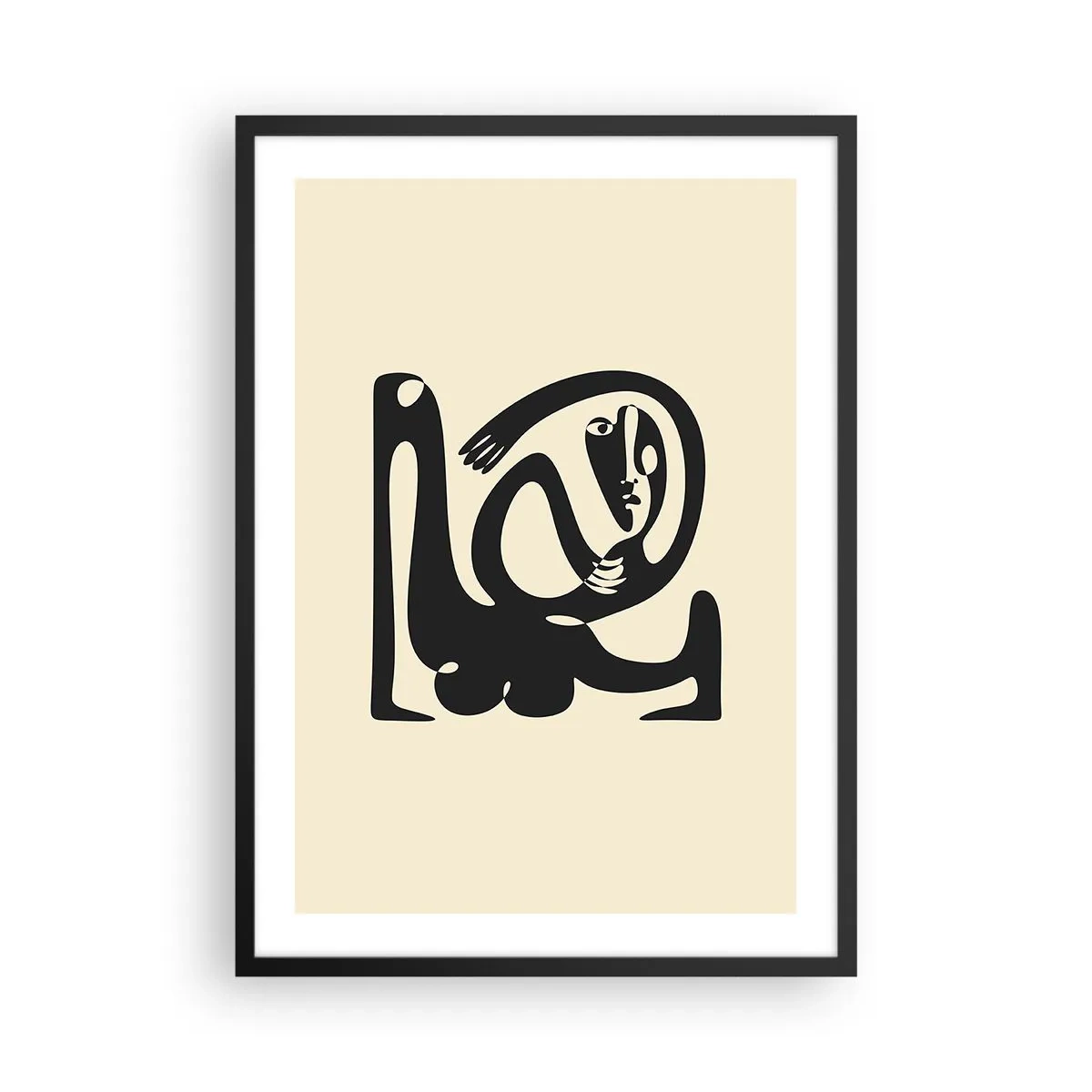 Poster in cornice nera - Figura astratta su sfondo beige con linee nere - 50x70cm - Quasi Picasso - Decorazione murale moderna per soggiorno e camera da letto ARTTOR
