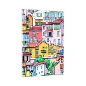 Quadro su vetro - Case popolari colorate in uno stile vivace e allegro - 80x120cm - Città allegra - Decorazione murale moderna per soggiorno e camera da letto ARTTOR