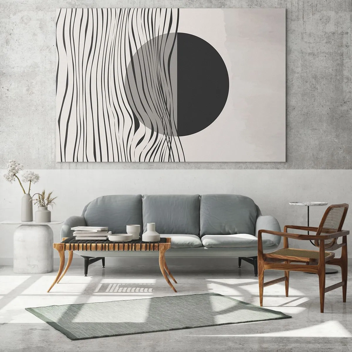 Quadro su vetro - Onde nere e un cerchio su uno sfondo beige - 70x50cm - Composizione a metà - Decorazione murale moderna per soggiorno e camera da letto ARTTOR