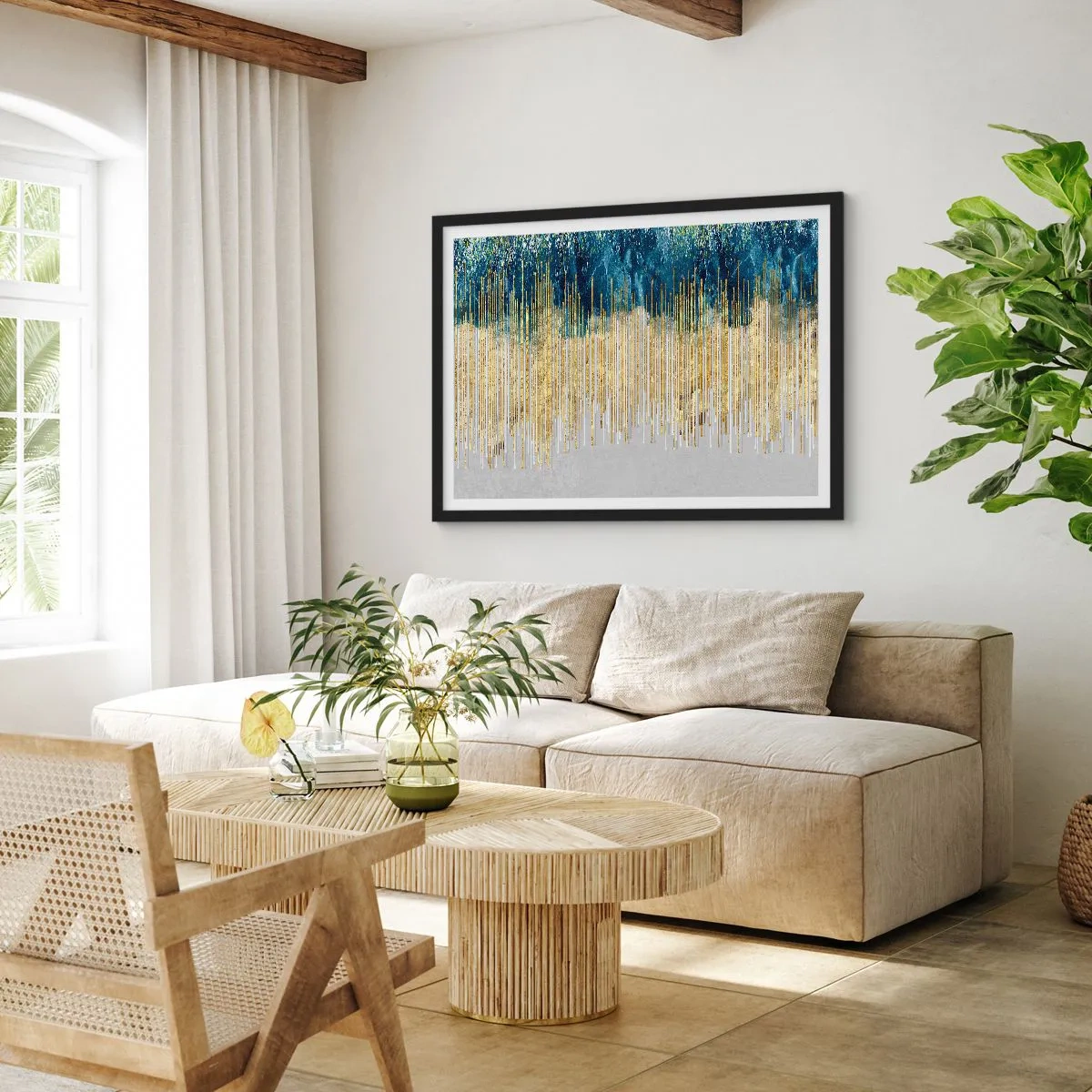 Poster in cornice nera - Linee dorate su uno sfondo di blu navy e grigio astratto - 100x70cm - Confine dorato - Decorazione murale moderna per soggiorno e camera da letto ARTTOR