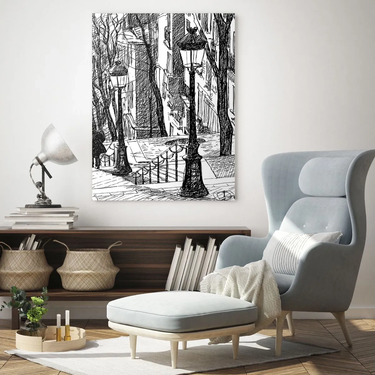 Quadro su vetro - Una strada con lampioni e una sagoma umana in tecnica di schizzo - 80x120cm - Storia d'amore o racconto di paura? - Decorazione murale moderna per soggiorno e camera da letto ARTTOR