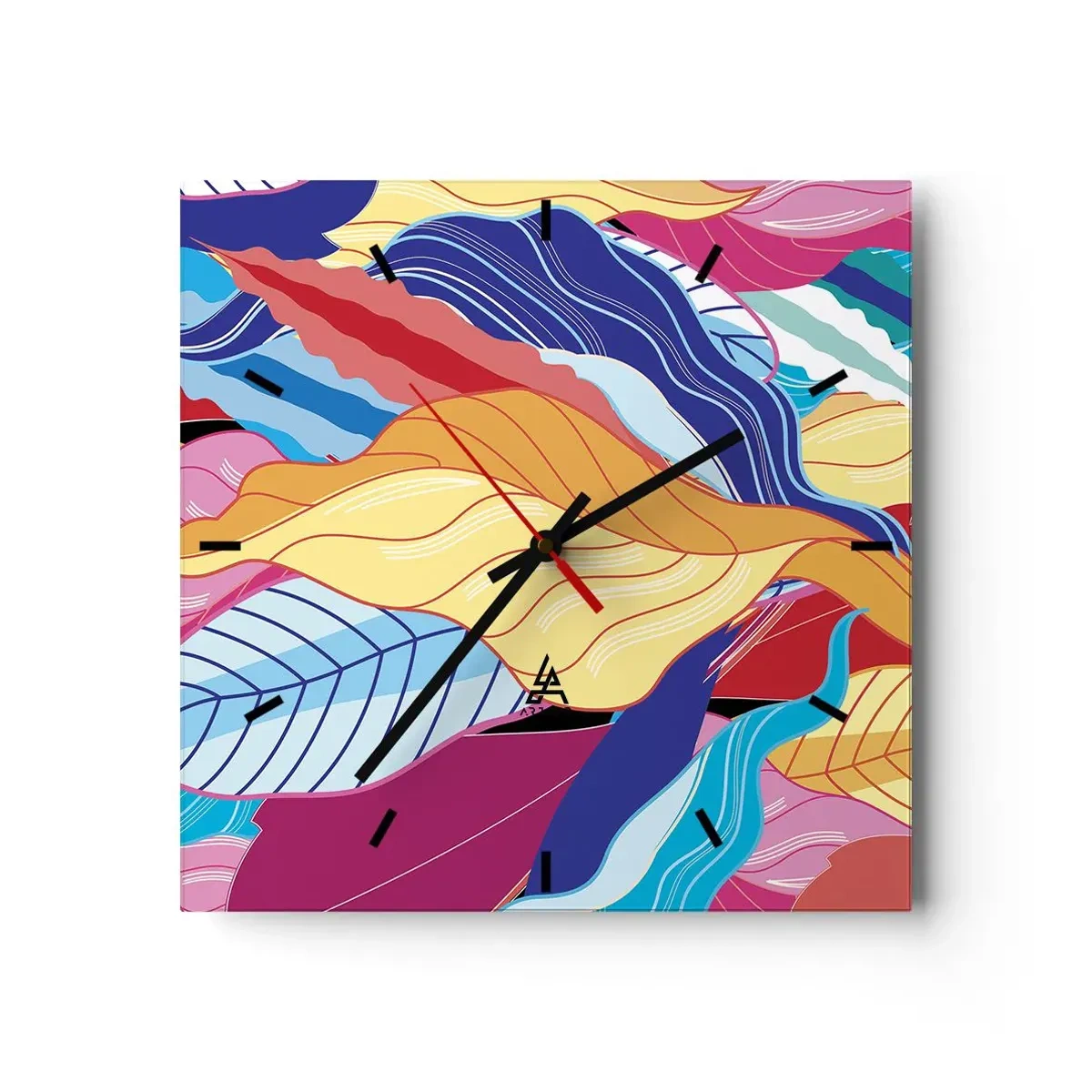 Orologio da parete - Orologio in Vetro - Le foglie dai colori vivaci creano una composizione dinamica - 30x30cm - Disordine colorato - Decorazione murale moderna per soggiorno e camera da letto ARTTOR