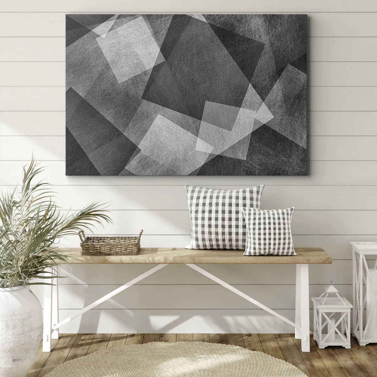 Quadro su tela - Stampe su Tela - Astrazione in bianco e nero con forme geometriche - 120x80cm - Simbolo eterno di ordine e durata - Decorazione murale moderna per soggiorno e camera da letto ARTTOR