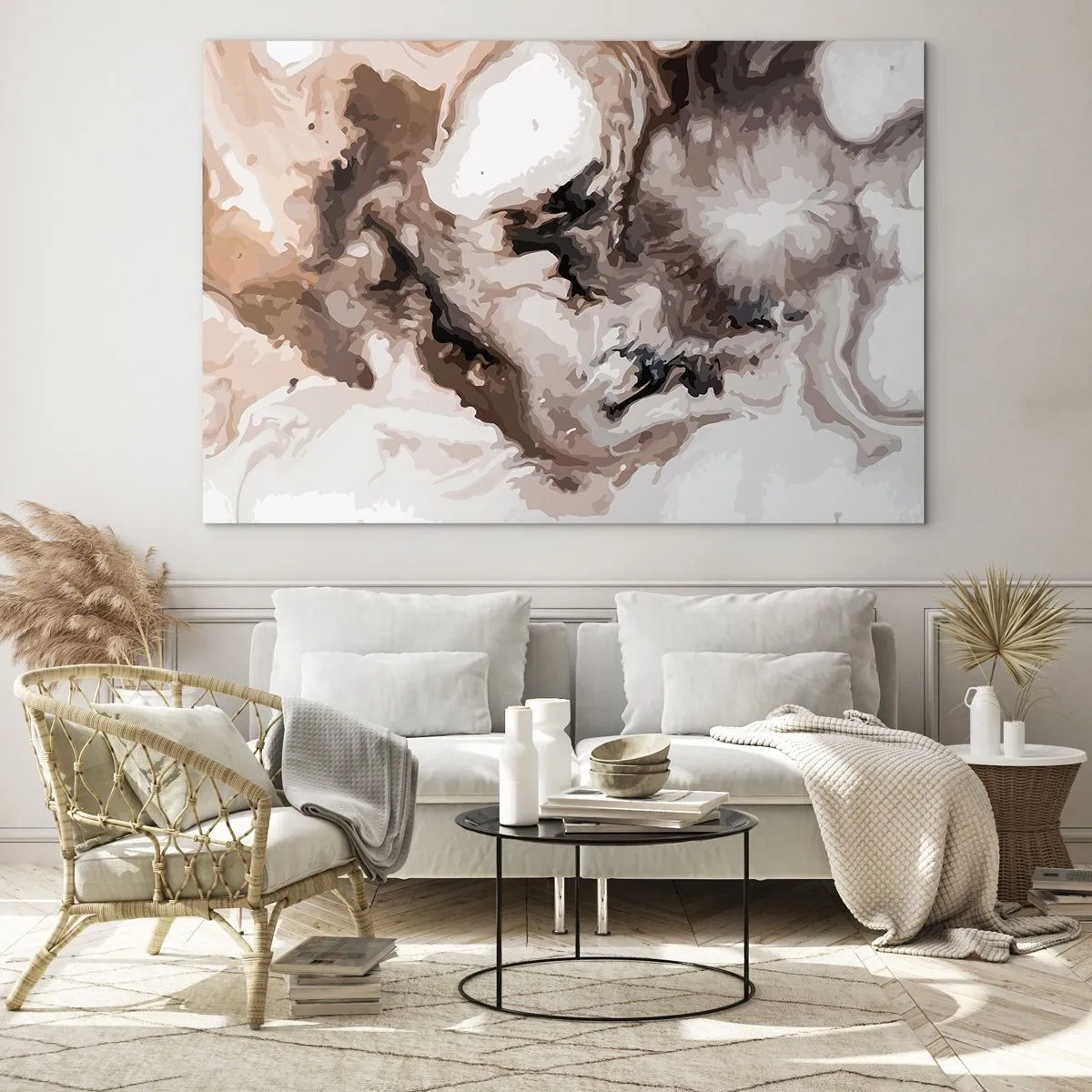 Quadro su vetro - Motivo astratto nei toni del marrone, beige e bianco - 100x70cm - La nascita della galassia - Decorazione murale moderna per soggiorno e camera da letto ARTTOR