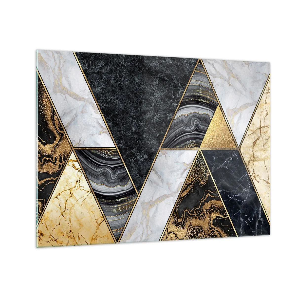 Quadro su vetro - Motivo geometrico di triangoli di marmo e oro - 70x50cm - Pietra su pietra - Decorazione murale moderna per soggiorno e camera da letto ARTTOR