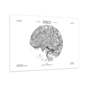 Quadro su vetro - Mappa della città di Oslo in stile grafico in bianco e nero - 100x70cm - Anatomia di Oslo - Decorazione murale moderna per soggiorno e camera da letto ARTTOR
