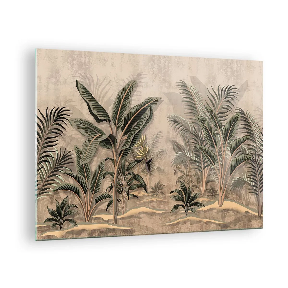 Quadro su vetro - Piante tropicali su sfondo beige in stile coloniale - 70x50cm - Incisione in stile coloniale - Decorazione murale moderna per soggiorno e camera da letto ARTTOR