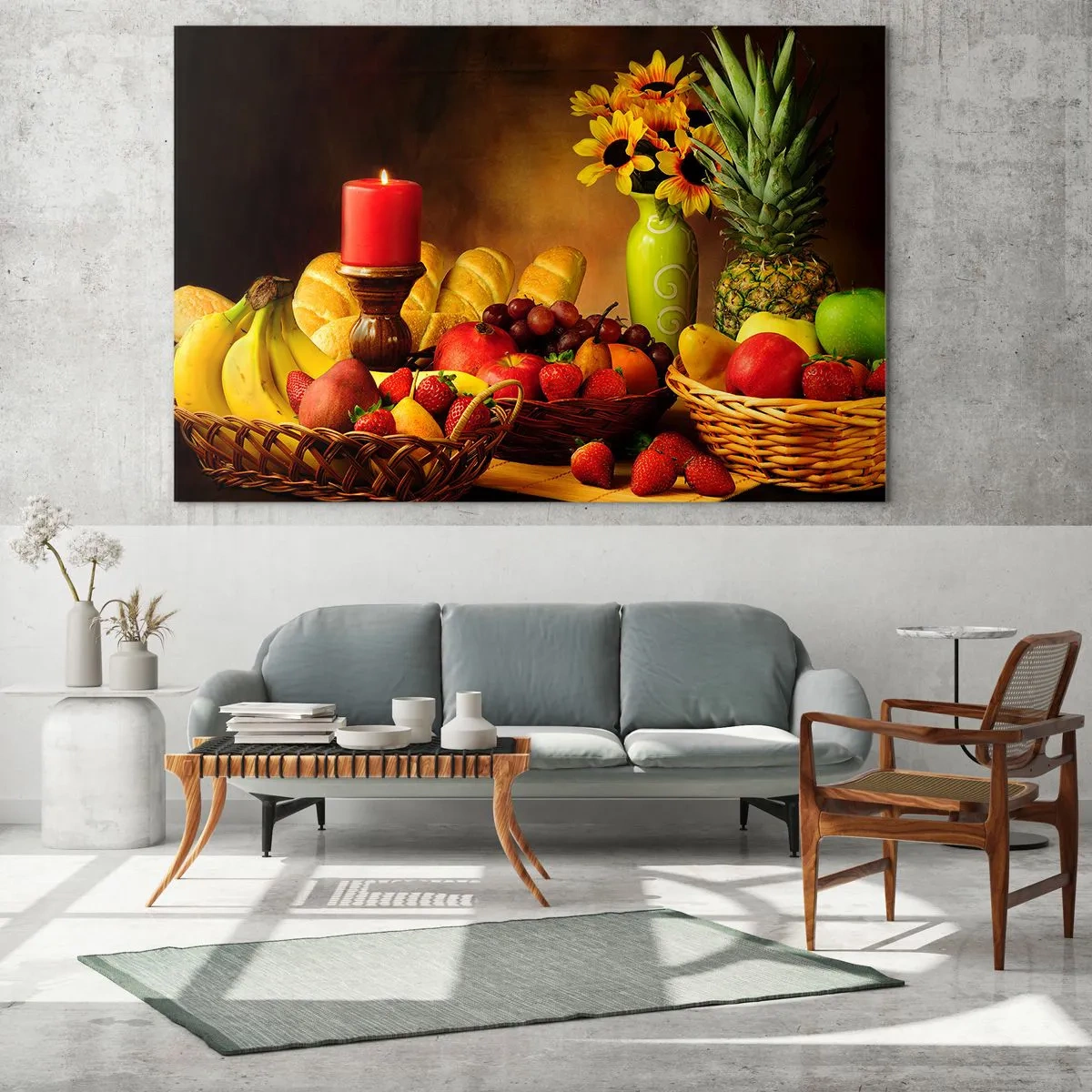 Quadro su vetro - Una composizione di frutta, pane e una candela in stile rustico - 70x50cm - Natura morta con pane e frutta - Decorazione murale moderna per soggiorno e camera da letto ARTTOR