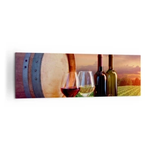 Quadro su tela - Stampe su Tela - Vino, bicchieri e una botte in un paesaggio pittoresco - 160x50cm - Qui la vita ha gusto - Decorazione murale moderna per soggiorno e camera da letto ARTTOR