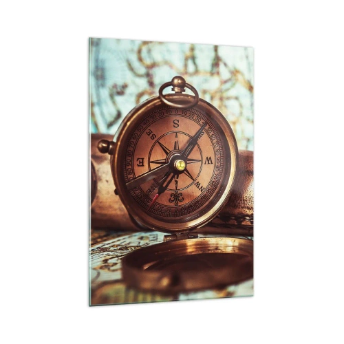 Quadro su vetro - Un set retrò con bussola, telescopio e mappa a tema viaggio - 70x100cm - Ti aspetta l'avventura dei pirati dei Caraibi - Decorazione murale moderna per soggiorno e camera da letto ARTTOR