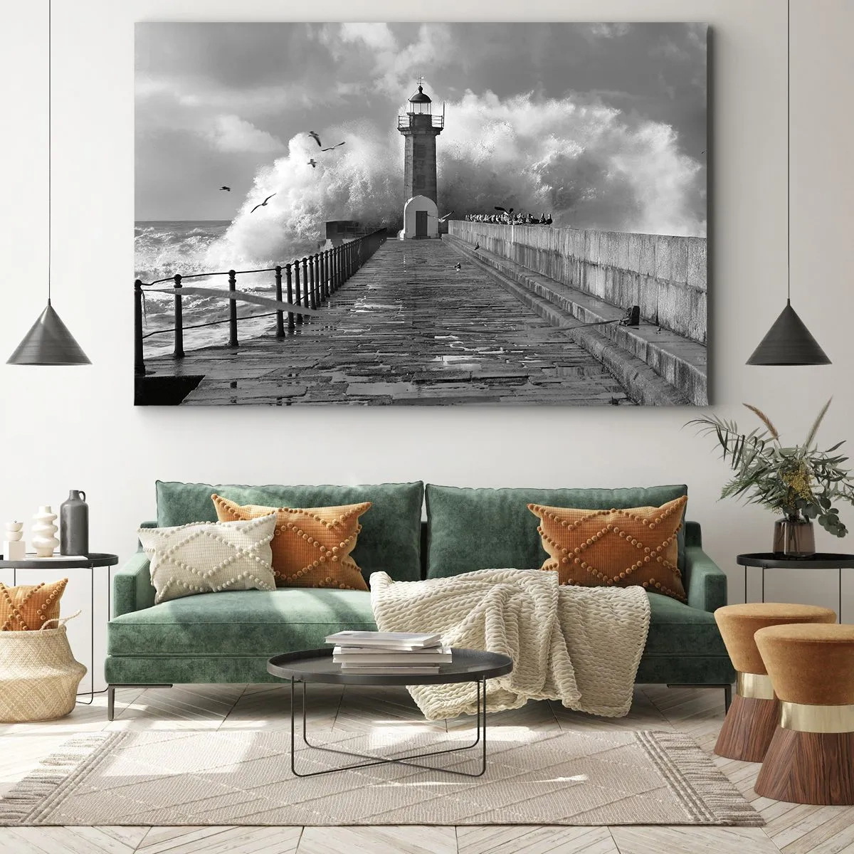 Quadro su tela - Stampe su Tela - Un faro circondato dalle onde durante una tempesta - 100x70cm - Senza paura - Decorazione murale moderna per soggiorno e camera da letto ARTTOR