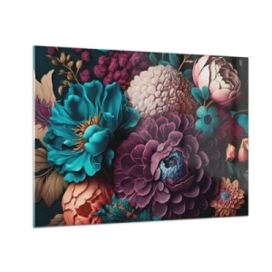 Quadro su vetro - Una ricca composizione di fiori dai colori intensi - 70x50cm - Ricchezza della natura - Decorazione murale moderna per soggiorno e camera da letto ARTTOR