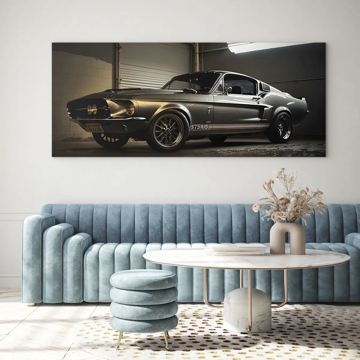 Quadro su vetro - Auto d'epoca in garage retrò - 120x50cm - Ritorno al passato - Decorazione murale moderna per soggiorno e camera da letto ARTTOR
