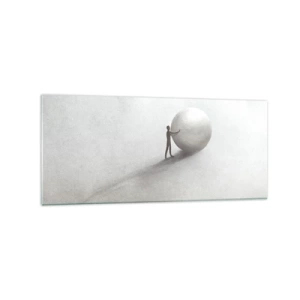 Quadro su vetro - Una figura minimalista con una palla su uno sfondo chiaro e monocromatico. - 120x50cm - Il gioco della vita - Decorazione murale moderna per soggiorno e camera da letto ARTTOR