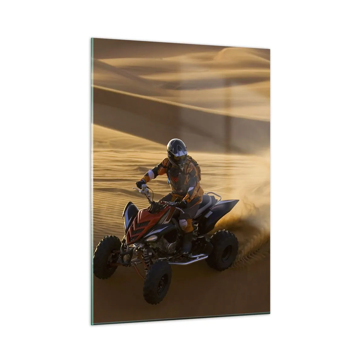 Quadro su vetro - ATV in azione nel deserto al tramonto - 50x70cm - Sulle onde della sabbia - Decorazione murale moderna per soggiorno e camera da letto ARTTOR