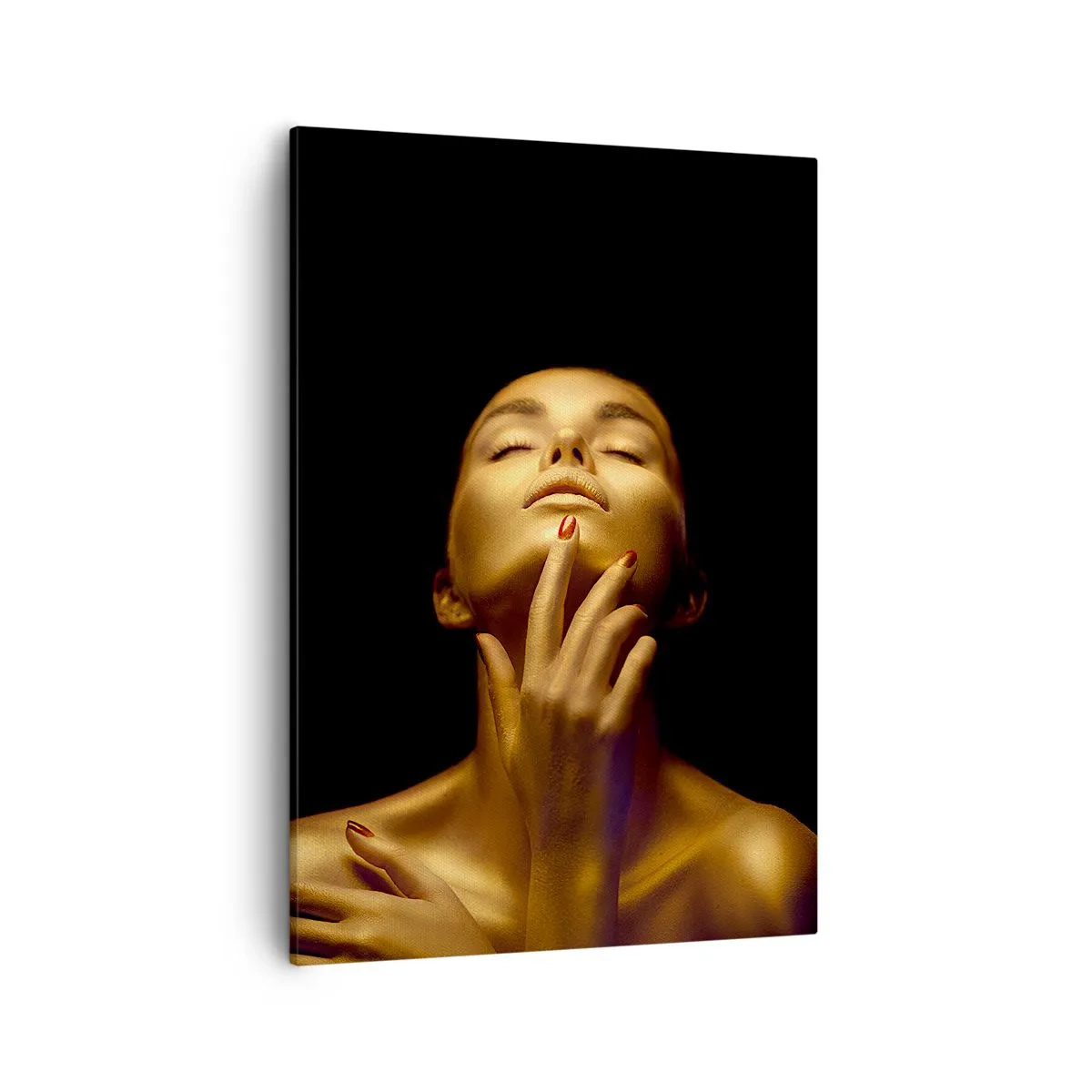 Quadro su tela - Stampe su Tela - Ritratto di una donna in un bagliore dorato su sfondo nero - 50x70cm - Come seta d'oro - Decorazione murale moderna per soggiorno e camera da letto ARTTOR
