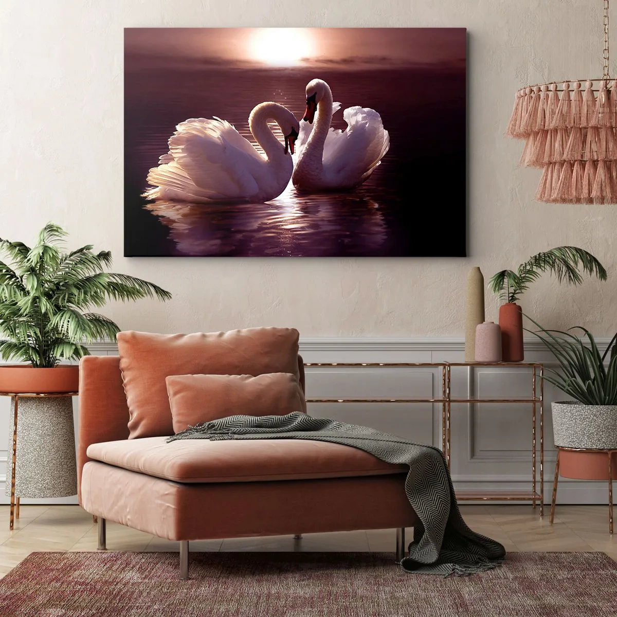 Quadro su tela - Stampe su Tela - Due cigni su un lago calmo al tramonto - 100x70cm - Finché la morte non ci separi - Decorazione murale moderna per soggiorno e camera da letto ARTTOR