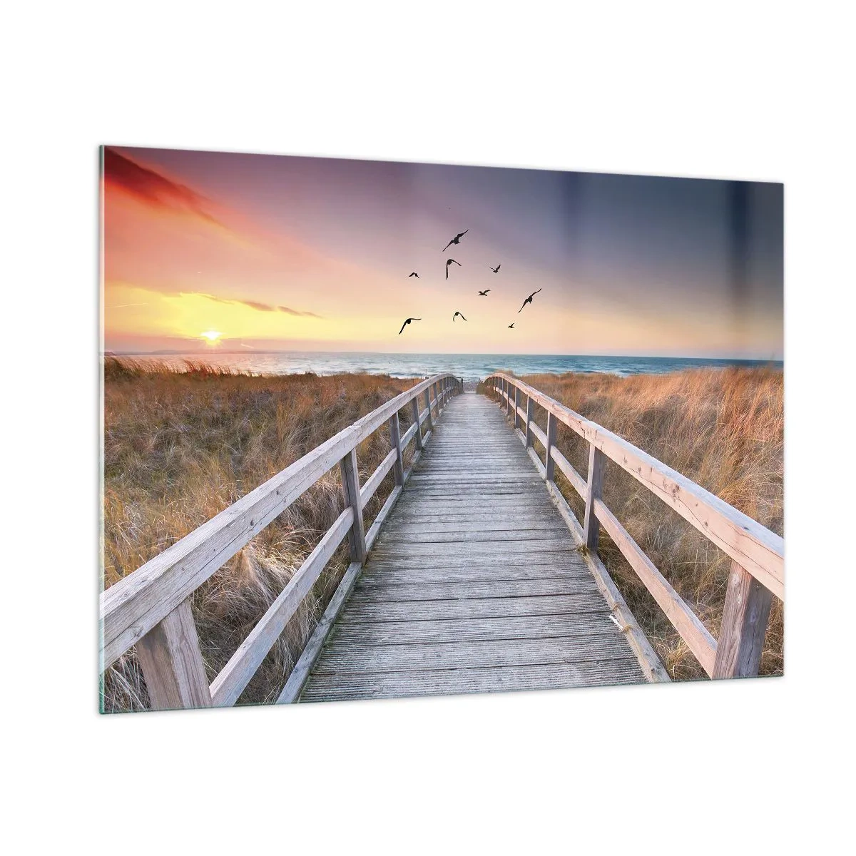 Quadro su vetro - Una passerella di legno sulle dune che conduce alla spiaggia al tramonto - 100x70cm - Spazio per volare - Decorazione murale moderna per soggiorno e camera da letto ARTTOR