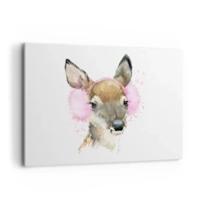 Quadro su tela - Stampe su Tela - Cervo acquerello con paraorecchie rosa - 100x70cm - E il gelo non mette più paura - Decorazione murale moderna per soggiorno e camera da letto ARTTOR