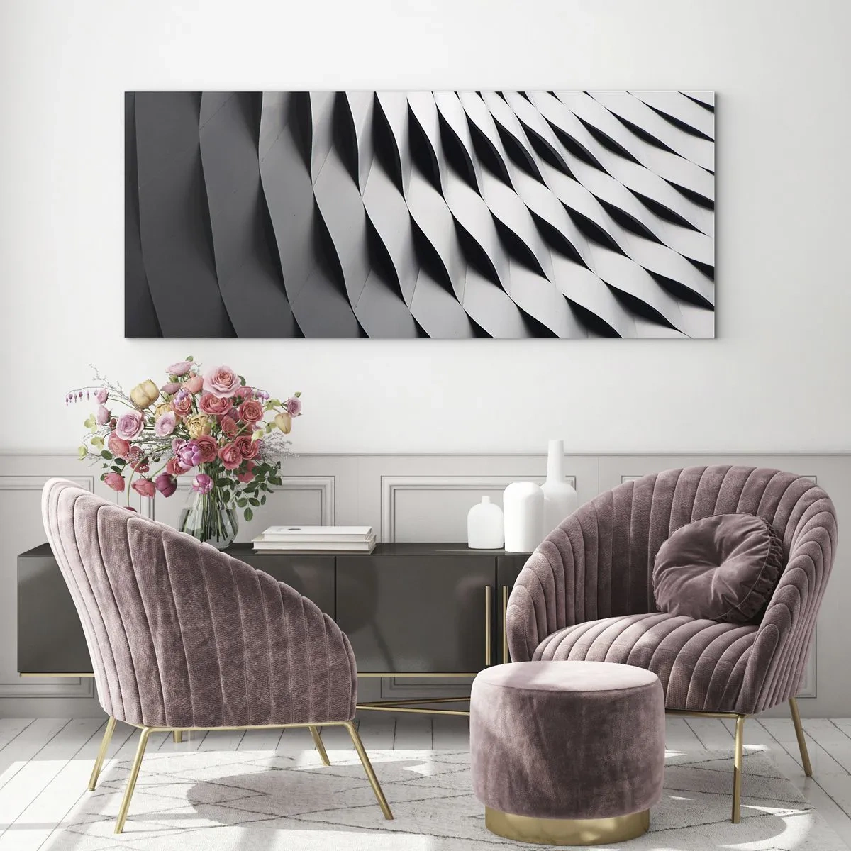 Quadro su vetro - Motivo geometrico astratto nei toni del bianco e del nero - 160x50cm - Sulla cresta dell'onda - Decorazione murale moderna per soggiorno e camera da letto ARTTOR