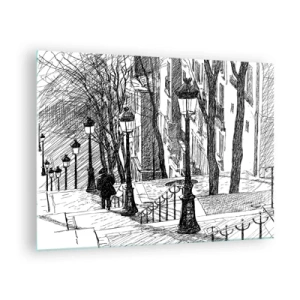 Quadro su vetro - Disegno in bianco e nero di una strada cittadina con lanterne - 70x50cm - Storia d'amore o racconto di paura? - Decorazione murale moderna per soggiorno e camera da letto ARTTOR