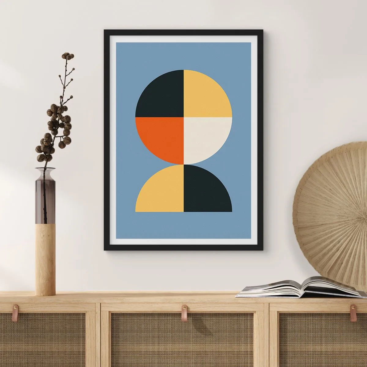 Poster in cornice nera - Motivo geometrico a forma di cerchio e semicerchio su sfondo blu - 50x70cm - Guarda e conta - Decorazione murale moderna per soggiorno e camera da letto ARTTOR