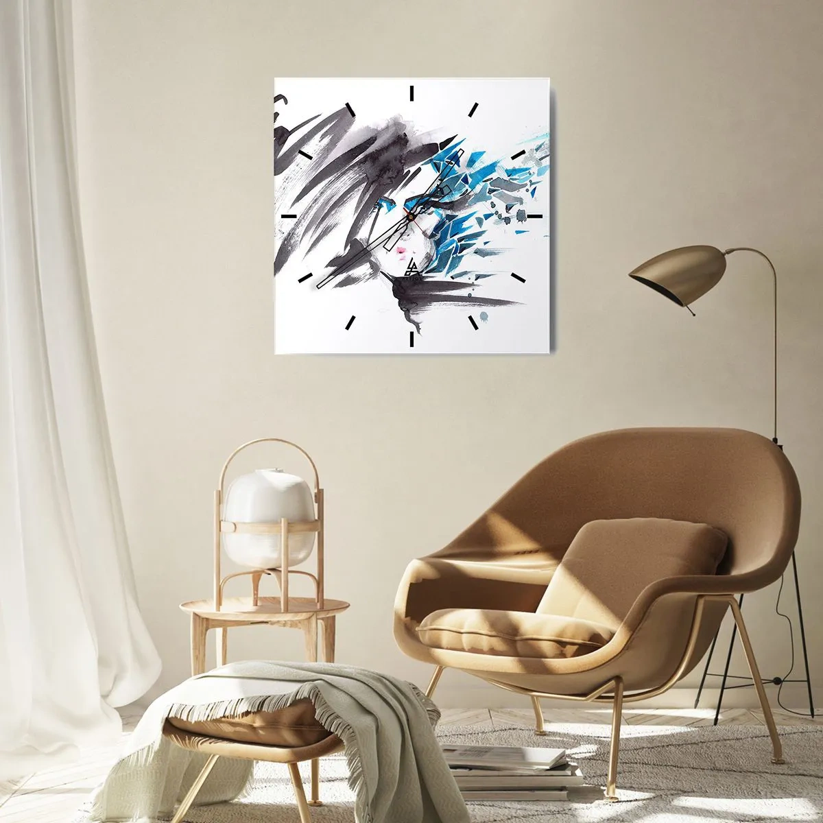 Orologio da parete - Orologio in Vetro - Pittura artistica del viso ad acquerello con accenti blu - 30x30cm - Ritratto di sensualità in grigio e azzurro - Decorazione murale moderna per soggiorno e camera da letto ARTTOR