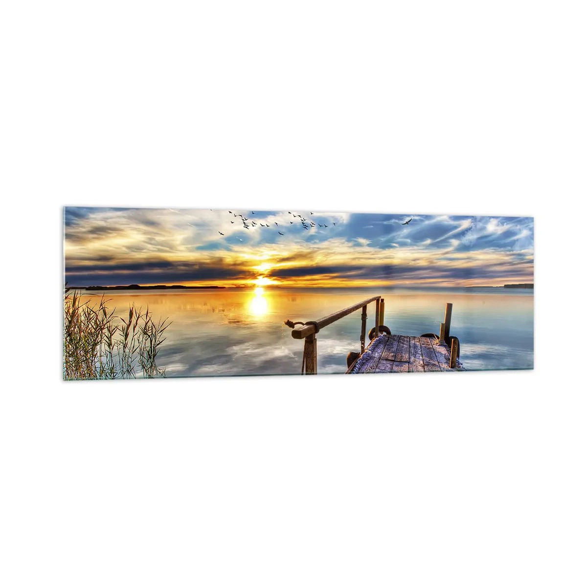 Quadro su vetro - Molo di legno sul lago al tramonto - 160x50cm - Il vento è andato a dormire - Decorazione murale moderna per soggiorno e camera da letto ARTTOR