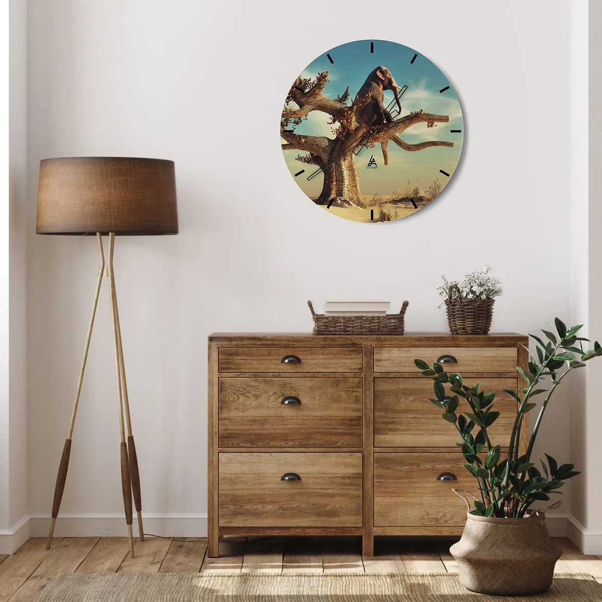 Orologio da parete - Orologio in Vetro - Un elefante seduto su un albero in un paesaggio surreale - 30x30cm - Nuovo punto di vista - Decorazione murale moderna per soggiorno, cucina e camera da letto ARTTOR