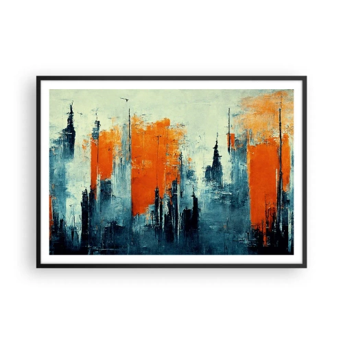 Poster in cornice nera - Paesaggio urbano astratto nei toni dell'arancione e del blu - 100x70cm - Paesaggio moderno - Decorazione murale moderna per soggiorno e camera da letto ARTTOR